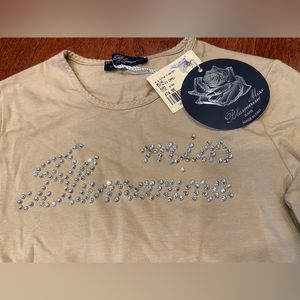 Miss Blumarine Rhinestones Beige Long sleeves Cotton Shirt for girls size 8